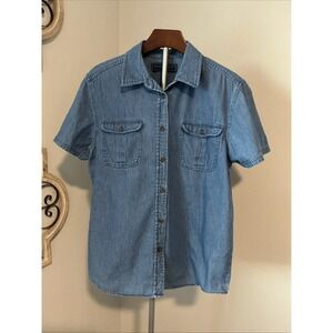 Karen Scott Denim Chambray‎ Top Pockets Cotton Sz Large Western Cowgirl
